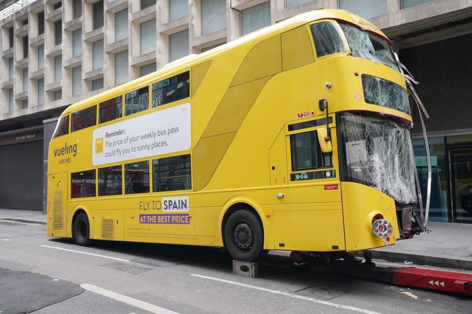 One person was taken to hospital after the bus crashed into the building (Jonathan Brady/PA Wire)