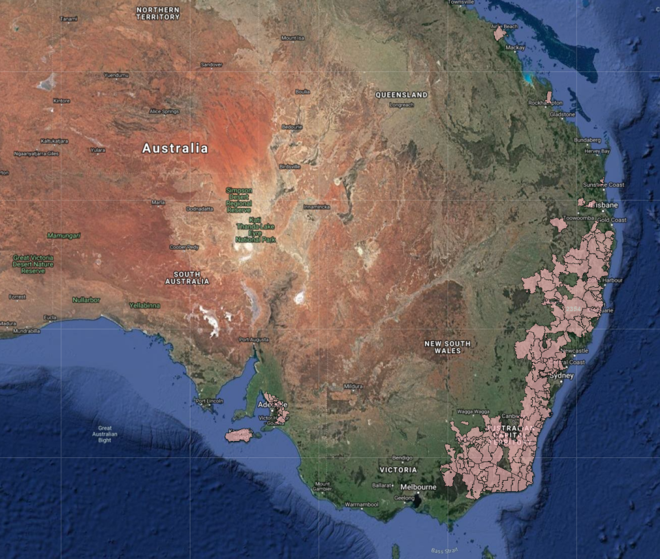 The areas declared as a bushfire catastrophe by the Insurance Council of Australia. (Source: ICA)