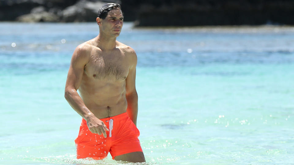 Rafael Nadal, pictured here walking from the ocean after having a swim during a visit to Rottnest Island.