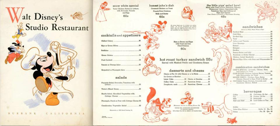 Disney menu 1950s