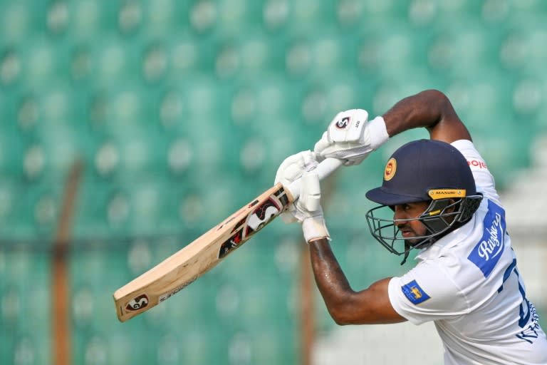 Sri Lanka’s Kamindu Mendis plays a shot during the second day of the second Test cricket match between Bangladesh and Sri Lanka (MUNIR UZ ZAMAN)