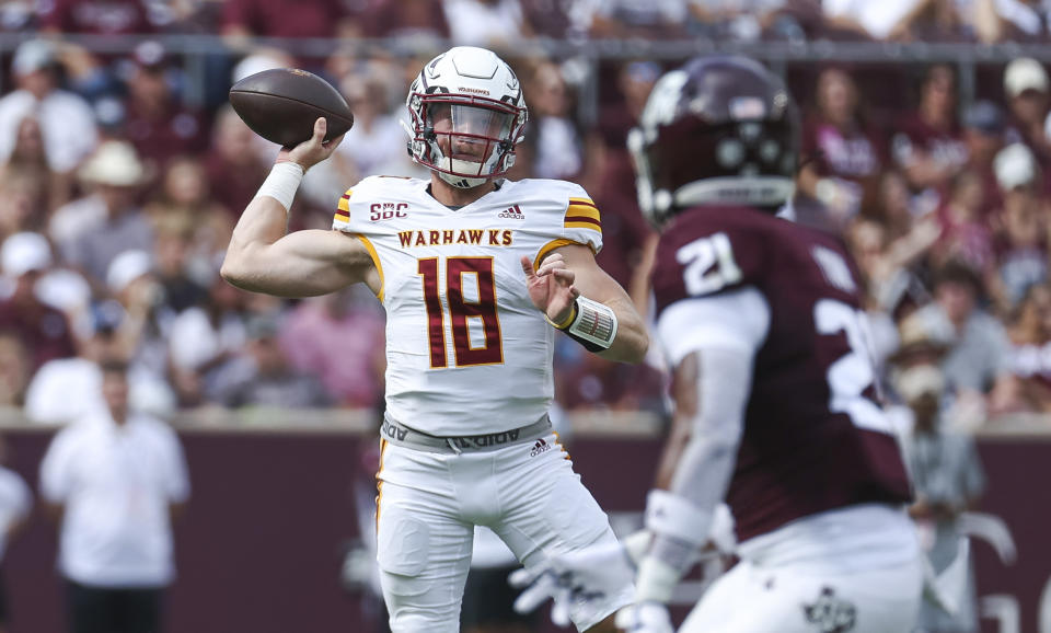 Sep 16, 2023; College Station, Texas; Louisiana Monroe Warhawks quarterback Jiya Wright (18) attempts a pass during the first quarter against the Texas A&M Aggies at Kyle Field. Troy Taormina-USA TODAY Sports