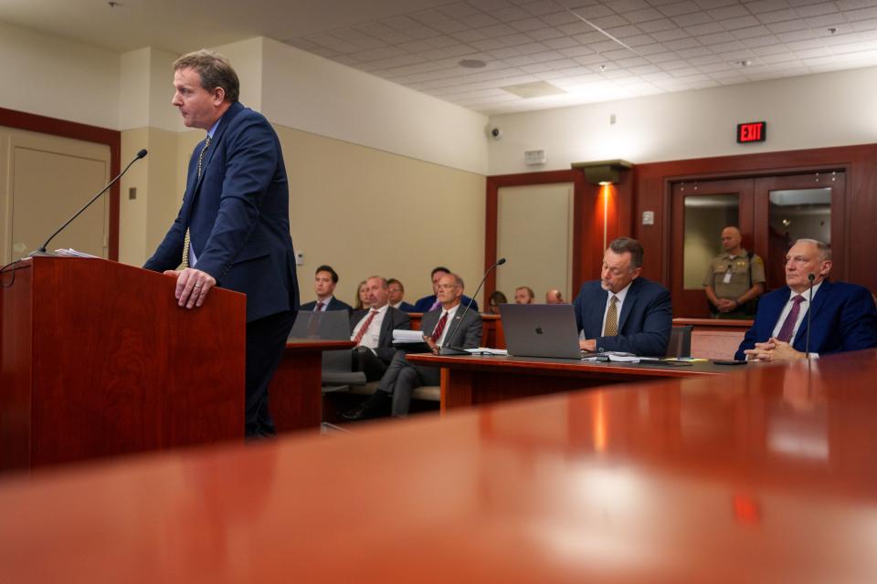 Attorney Lance Sorenson at a hearing on a lawsuit by R. Quin Denning, far right, seeking to remove Celeste Maloy as a candidate in the race to replace Rep. Chris Stewart in Congress, in Salt Lake City on Monday, July 31, 2023. | Trent Nelson