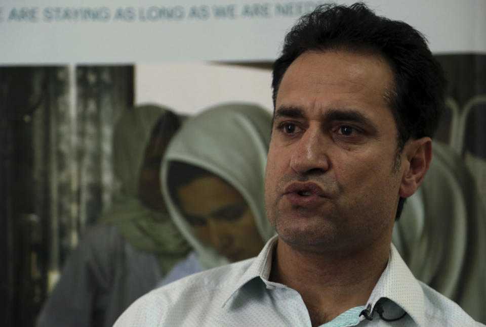 Ahmad Khalid Fahim, program director for the Swedish group, speaks during an interview with the Associated Press in Kabul, Afghanistan, Wednesday, July 17, 2019. A Swedish non-governmental organization in Afghanistan says the Taliban have forced the closure of 42 health facilities run by the non-profit group in eastern Maidan Wardan province. (AP Photo/Rahmat Gul)