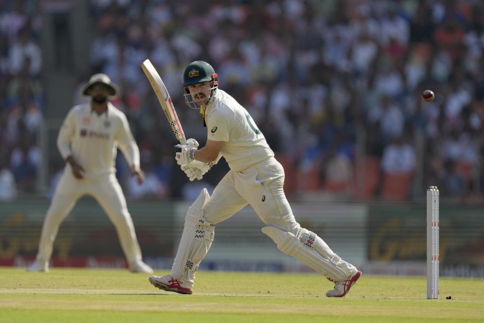 Australia's Travis Head plays a shot during the fourth cricket test match between India and Australia in Ahmedabad, India, Thursday, March 9, 2023. (AP Photo/Ajit Solanki)