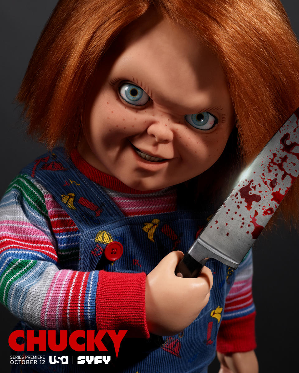 The doll Chucky holds a knife on the poster for the TV series