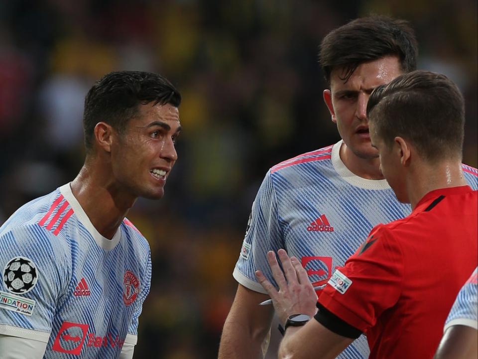 Cristiano Ronaldo remonstrates with Francois Letexier during Manchester United’s defeat in Bern (Manchester United via Getty Images)