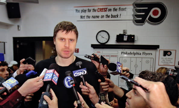 PHILADELPHIA, PA - MAY 08: Ilya Bryzgalov #30 of the Philadelphia Flyers speaks to the media after being defeated 3-1 by the New Jersey Devils in Game Five of the Eastern Conference Semifinals during the 2012 NHL Stanley Cup Playoffs on May 8, 2012 at the Wells Fargo Center in Philadelphia, Pennsylvania. The Devils advance to the next round with tonight's win. (Photo by Len Redkoles/NHLI via Getty Images)