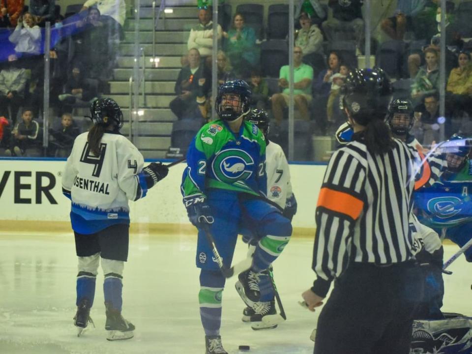 Kennedy Marchment, seen celebrating a goal, was named the PHF's Most Valuable Player on Thursday after recording 33 points in 20 games this season. (@CTWhaleHockey/Twitter - image credit)