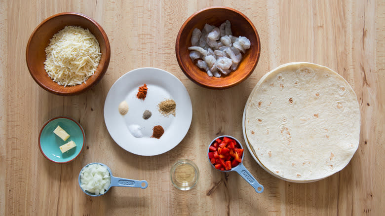 shrimp quesadilla ingredients on table 