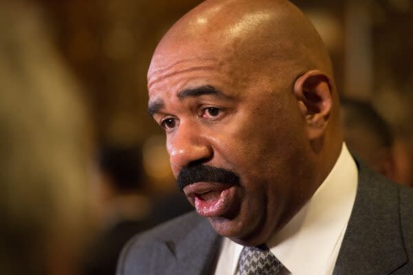 Steve Harvey speaks with the media at Trump Tower on January 13, 2017 in New York. (Photo by Bryan R. Smith / AFP) (Photo by BRYAN R. SMITH/AFP via Getty Images)