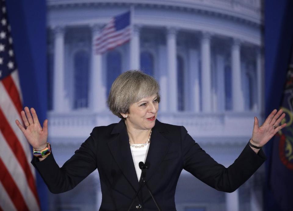 British Prime Minister Theresa May arrives to speak at the Republicans Congressional retreat in Philadelphia, Thursday, Jan. 26, 2017. (AP Photo/Matt Rourke)