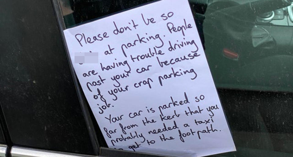 A Melbourne pedestrian shared a note stuck on a driver's door about their poor parking job.