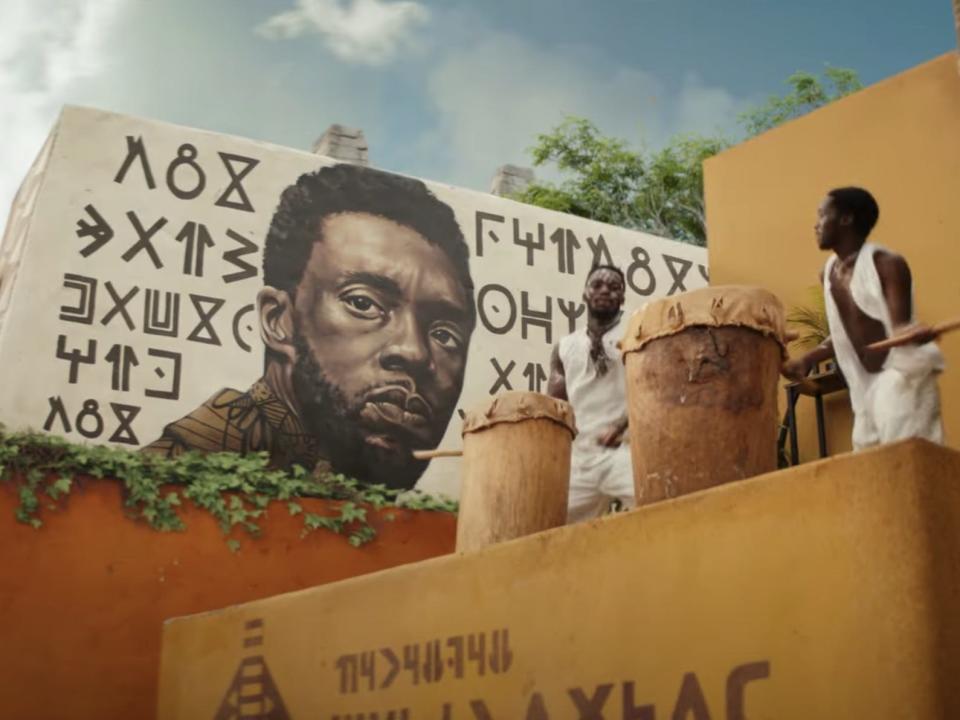 A mural of T'Challa in the first teaser trailer for "Black Panther: Wakanda Forever."