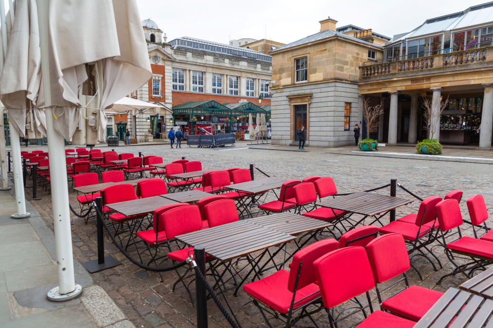 Unused outdoor seating in an unusually deserted Covent Garden.