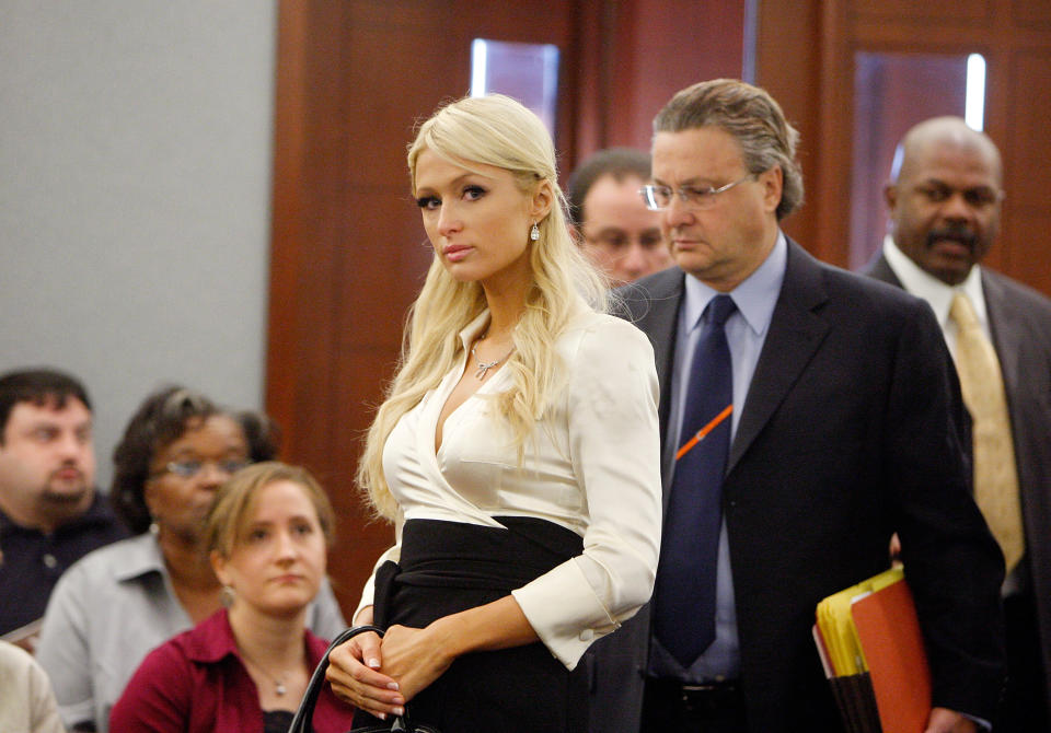 Paris Hilton, accompanied by attorneys, during her cocaine possession trial.
