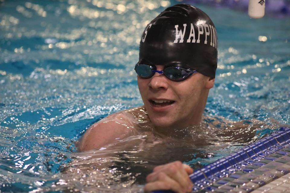 Wappingers' Myles Clyde after competing in the 100 meter backstroke during Tuesday's meet versus Arlington on January 24, 2023.