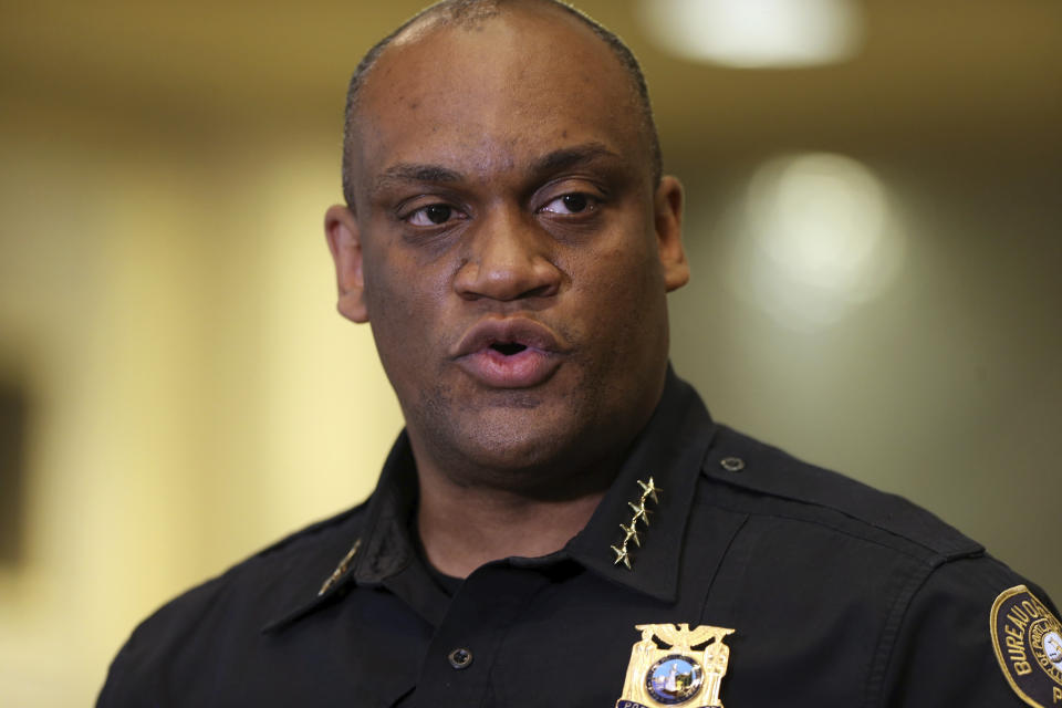 Portland Police Chief Chuck Lovell calls for an end to violence in the city during a news conference Sunday, Aug. 30, 2020, a day after a demonstrator was shot and killed in downtown Portland on Saturday. (Sean Meagher/The Oregonian via AP)