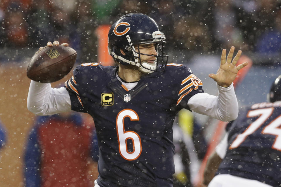 Chicago Bears quarterback Jay Cutler (6) throws a pass during the first half of an NFL football game against the Green Bay Packers, Sunday, Dec. 29, 2013, in Chicago. (AP Photo/Nam Y. Huh)
