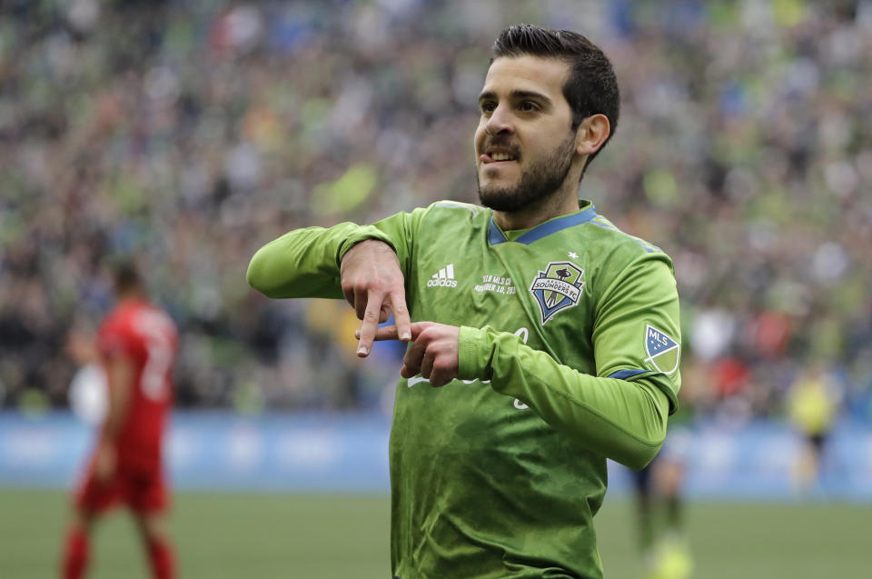 Seattle Sounders' Victor Rodriguez celebrates after scoring against the Toronto FC, Sunday, Nov. 10, 2019, during the second half of the MLS Cup championship soccer match in Seattle. (AP Photo/Ted S. Warren)