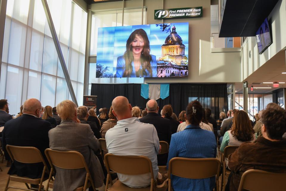 Gov. Kristi Noem speaks in a recorded video about DSU during their 40th anniversary mission change on Thursday, Feb. 29, 2024 at Dakota State University in Madison.