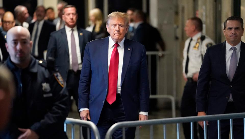 Former President Donald Trump attends his trial for allegedly covering up hush money payments linked to extramarital affairs, at Manhattan Criminal Court in New York City on April 18, 2024.