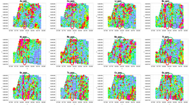 Spatial distribution of Li with respect to LCT Pegmatite pathfinders Red – Known mineral deposits, Green – Prospective areas for Li/LCT Pegmatite exploration.