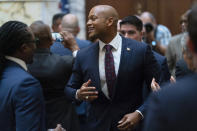 Maryland Gov. Wes Moore arrives to give his first state of the state address, two weeks after being sworn as governor, Wednesday, Feb. 1, 2023, in Annapolis, Md. (AP Photo/Julio Cortez)