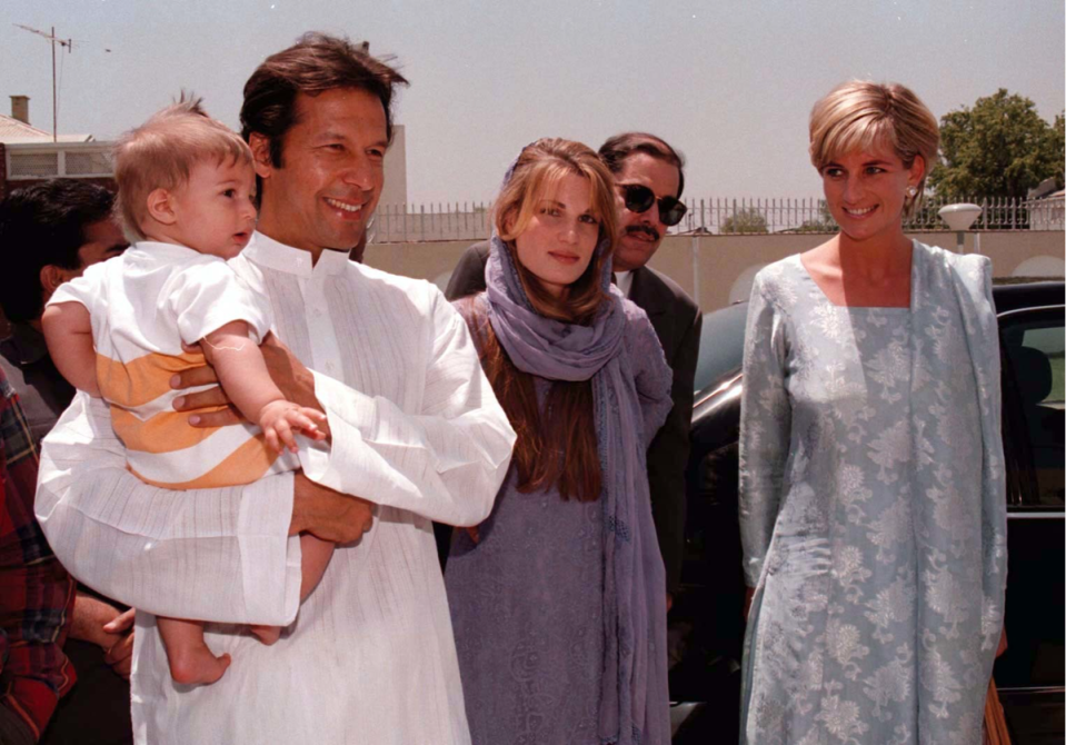 Past lives: Khan Goldsmith with her ex-husband Imran, son Sulaiman  and friend Princess Diana at Lahore airport, Pakistan, in 1997 (PA)