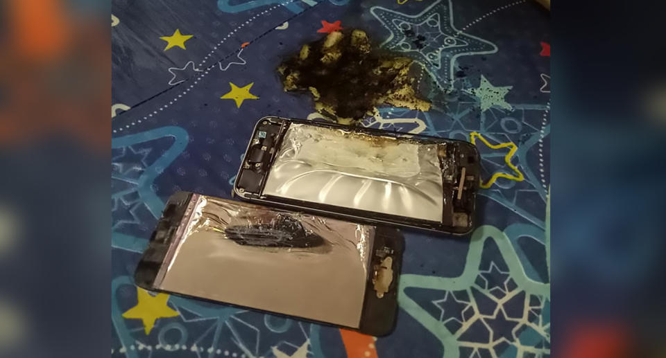 The iPhone was destroyed after it exploded, causing the mattress to also catch fire. Source: AsiaWire/Australscope