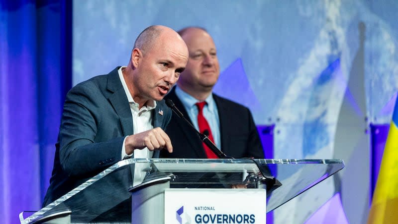 Outgoing National Governors Association Chair Utah Gov. Spencer Cox speaks as he’s joined by incoming Chair Colorado Gov. Jared Polis during the NGA’s 2024 Summer Meeting held at The Grand America Hotel in Salt Lake City on Friday, July 12, 2024.
