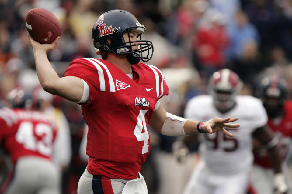 Mississippi quarterback Jevan Snead (4) throws a first half pass against Alabama during their NCAA college football game in Oxford, Miss., Saturday, Oct. 10, 2009. Alabama won, 22-3. (AP Photo/Rogelio V. Solis)