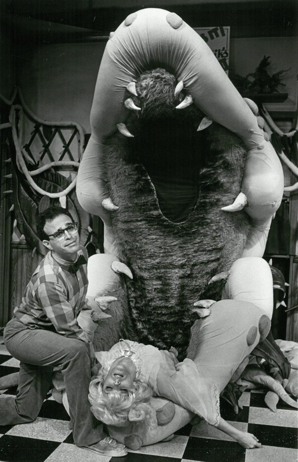 In this 1988 Alhambra production of "Little Shop of Horrors," Glen Rosenbue and Ellen Zaches star along with Audrey II, the giant people-eating plant.