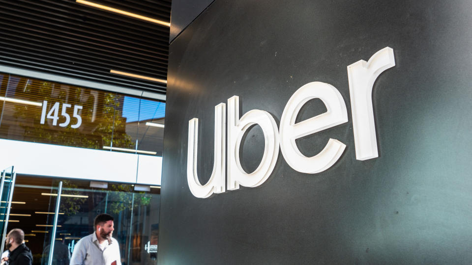 Close up of UBER sign at their headquarters in San Francisco's SOMA district