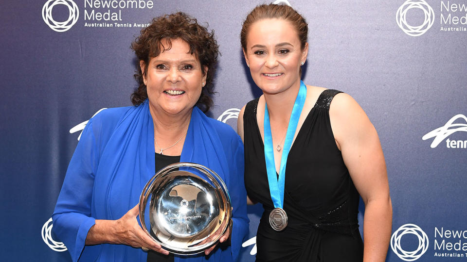 Ash Barty poses with Evonne Goolagong Cawley (L) after the Aussie tennis great won the Spirit of Tennis award at the Newcombe Medal night. Pic: AAP
