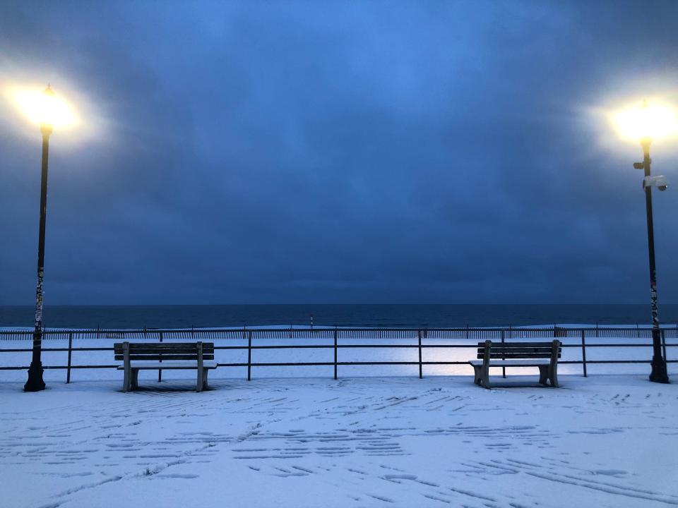 6:45 a.m. Snow covers the boardwalk in Asbury Park