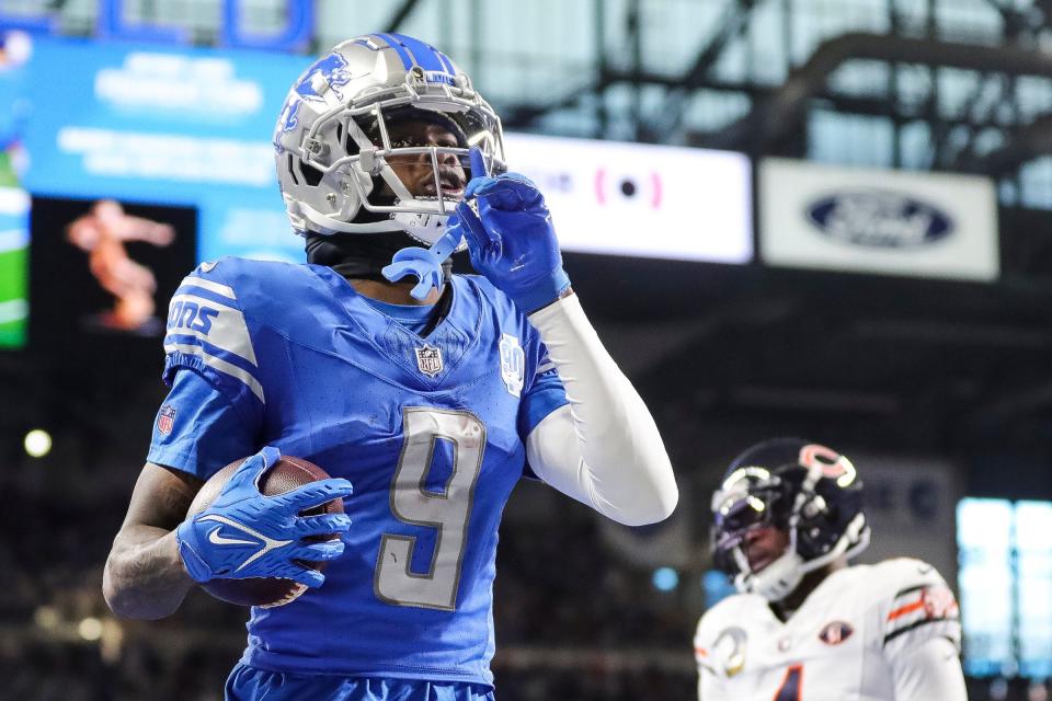 Detroit Lions receiver Jameson Williams celebrates his touchdown against the Chicago Bears during the fourth quarter at Ford Field in Detroit on Sunday, Nov. 19, 2023.