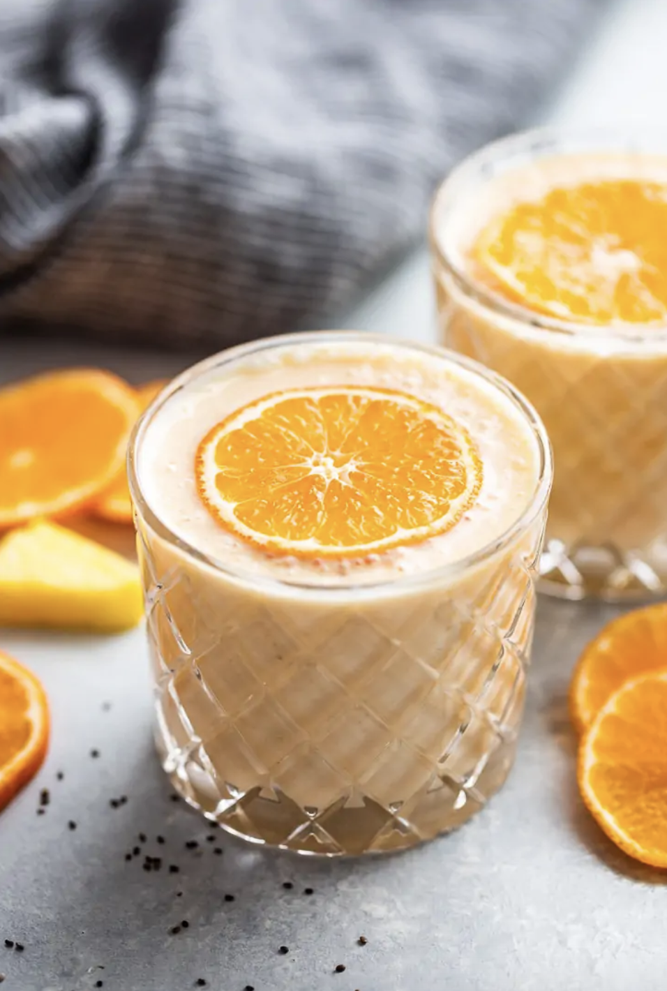 <p>Looking for something with a citrus kick? With ingredients like pineapple, orange, and banana, this smoothie has just that. (Pro tip: Add a touch of yogurt for extra creaminess.) </p><p><em>Per serving: 236 cals, 4.1 g fat, 46.1 g carbs, 30.4 g sugar, 3.6 g fiber, 8.7 g protein</em></p><p><a class="link " href="https://getinspiredeveryday.com/food/pineapple-orange-banana-smoothie/" rel="nofollow noopener" target="_blank" data-ylk="slk:Get the recipe;elm:context_link;itc:0">Get the recipe</a><em><br></em></p>