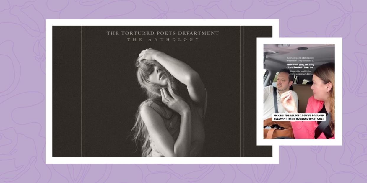 Album cover of Taylor Swift's The Tortured Poets Department and photo of couple talking in car
