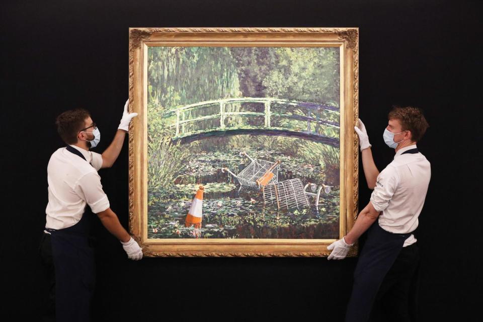 Banksy's 'Show me the Monet' on display at Sotheby's in central London: PA