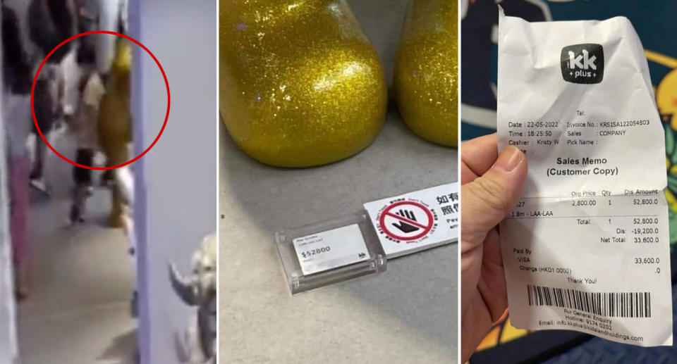 Boy in Hong Kong knocks over gold Teletubby in designer toy shop receipt showing cost father forced to pay for damages 