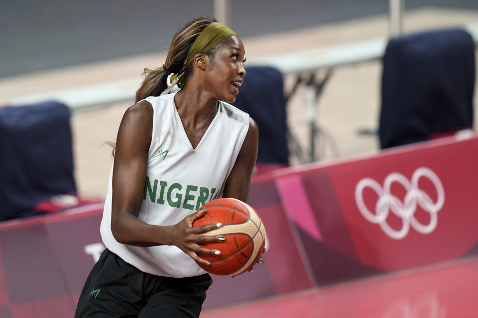 Nigeria forward Victoria Macaulay takes part in a women's basketball practice at the 2020 Summer Olympics, Saturday, July 24, 2021, in Saitama, Japan. (AP Photo/Eric Gay)