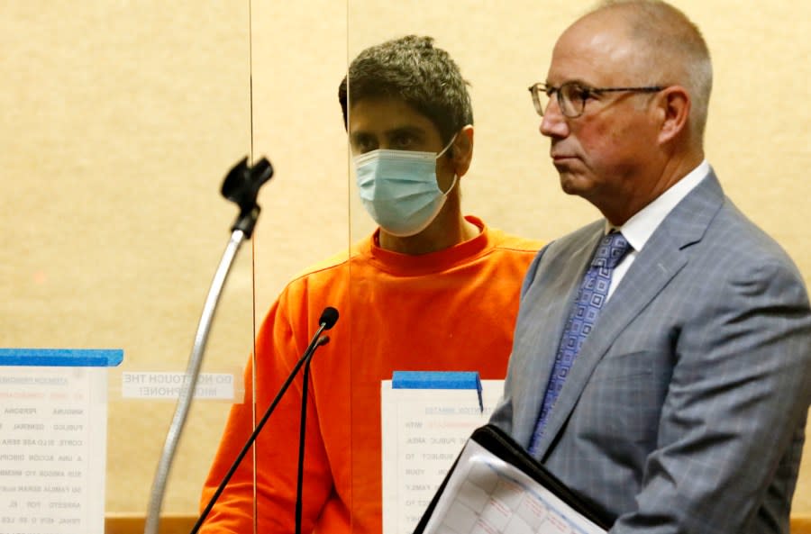 Dharmesh Patel and his Defense Attorney Joshua Bentley appear inside a courtroom in Redwood City on February 9, 2023. (Pool photo)