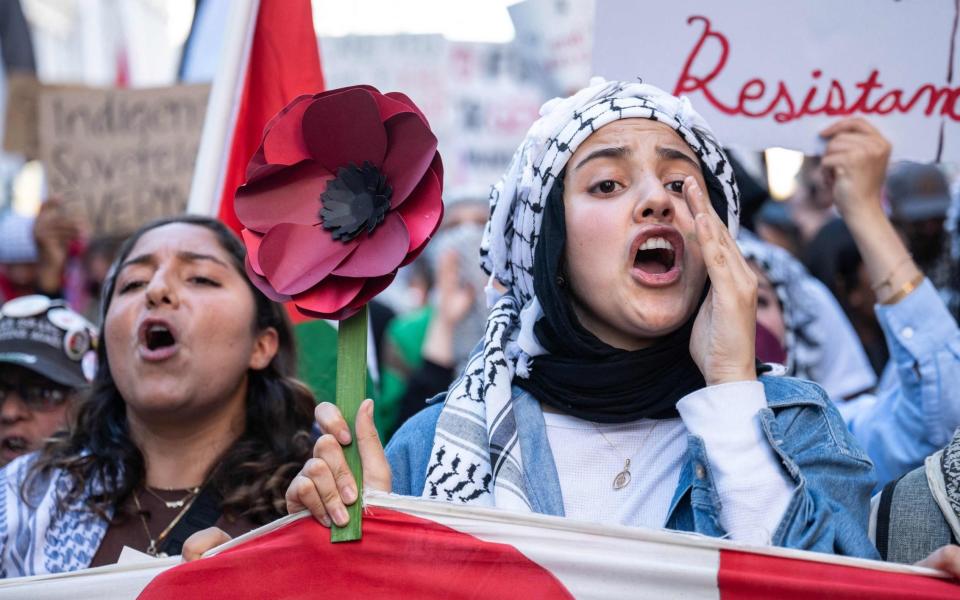 People take part in a "Palestine Solidarity" march in California