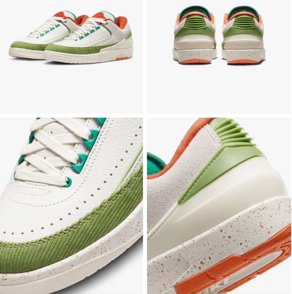 Air Jordan 2 Retro Low Titan comes in green and orange accents. 