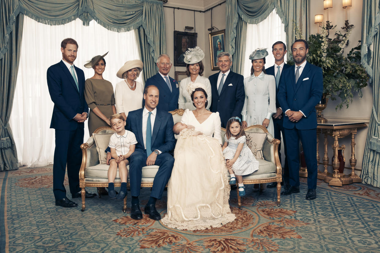 The first family snap shows the Cambridges, the Duke and Duchess of Cambridge, Prince Charles and the Duchess of Cornwall and the Middletons all posing happily at Clarence House in celebration of Louis’ christening. Source: Matt Holyoak