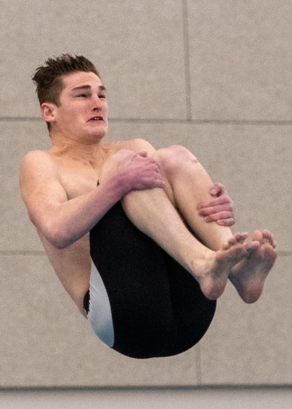 Chambersburg’s Keagan Myers competes in the District 3 Class 3A diving competition at Dover High School on Saturday, Feb. 24, 2024.