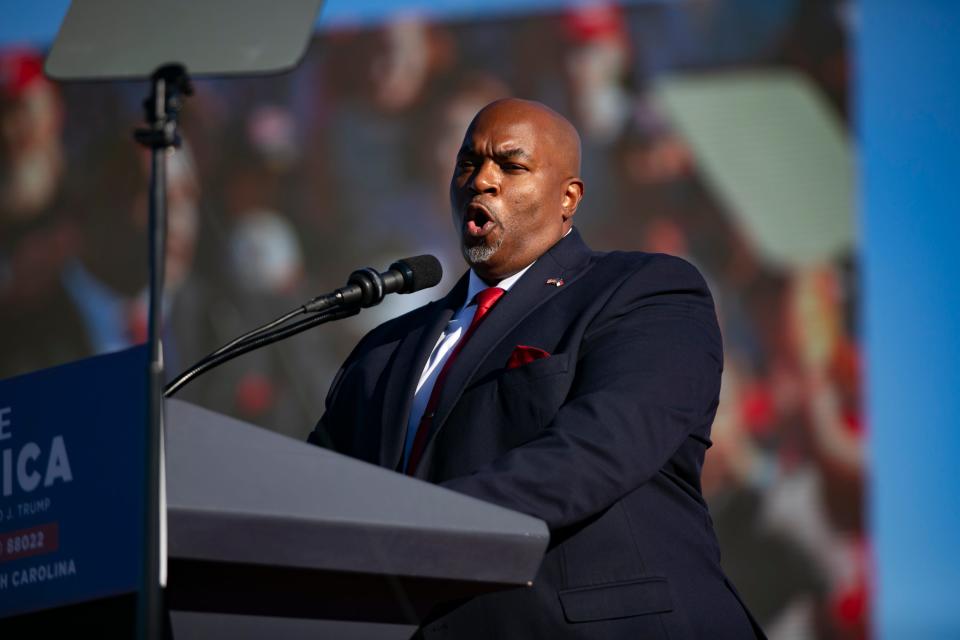 WILMINGTON, NC - SEPTEMBER 23: Mark Robinson, lieutenant governor of North Carolina, is seen during a Save America rally for former President Donald Trump at the Aero Center Wilmington. (Photo by Allison Joyce/Getty Images)