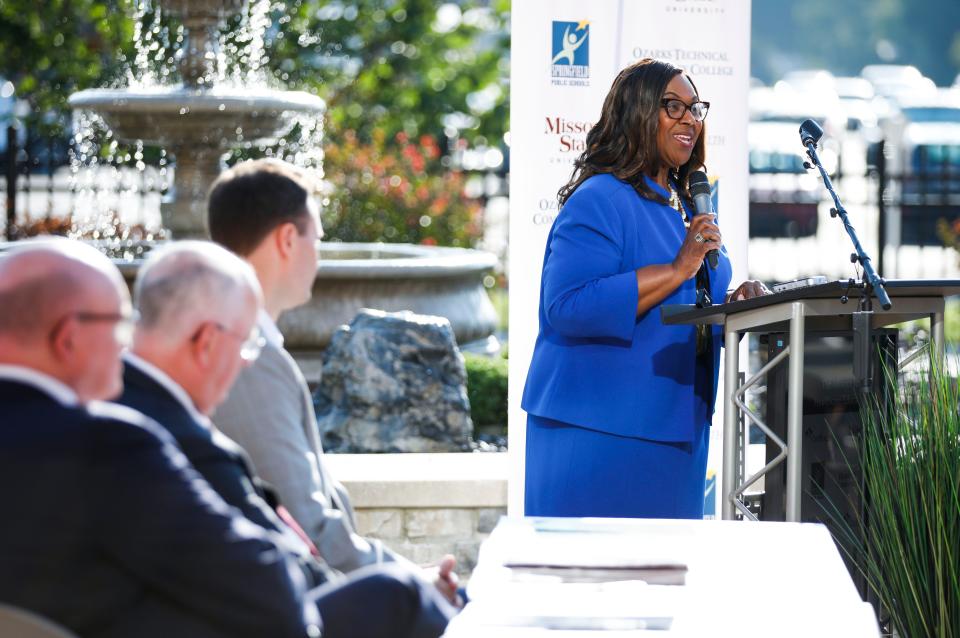 Grenita Lathan, SPS Superintendent, speaks during an announcement with leaders from MSU, OTC, and CoxHealth to create the Alliance for Healthcare Education at Cox North on Tuesday, Aug. 29, 2023 to tackle workforce shortages of healthcare professionals in the Midwest.