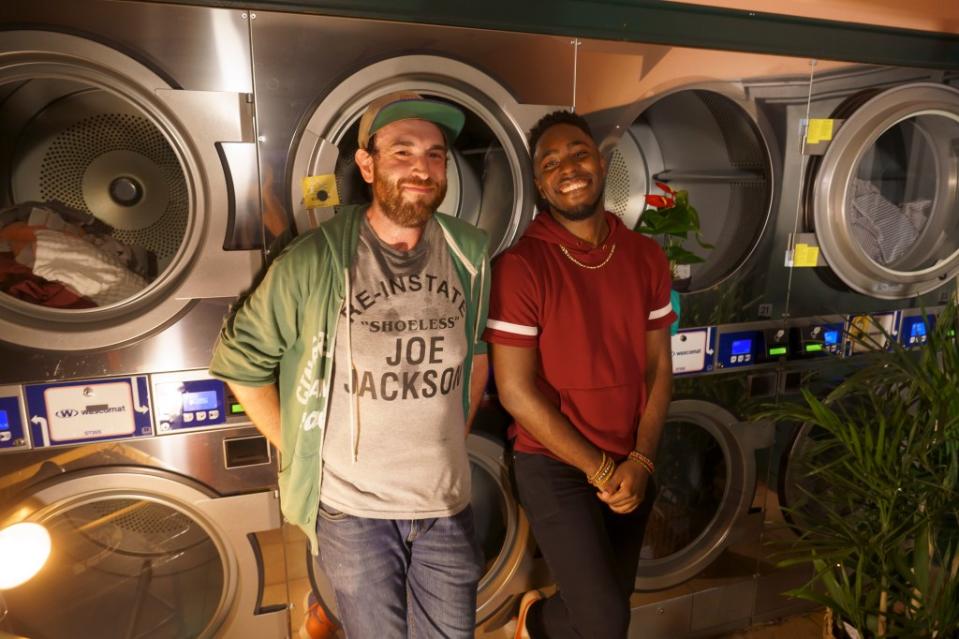 (Left) Comedians Eitan Levine and Drexton Clemons performed for laundromat clients at La La Laundry in the East Village. Stefano Giovannini